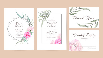 Elegant wedding invitation template set of watercolor roses