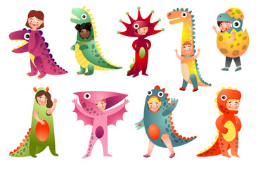 Set of cute kids in different colorful dino costume
