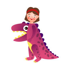 Cute smiling girl wear dino violet color costume