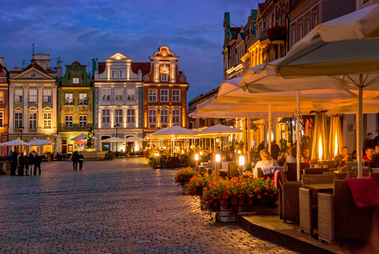 Old famous square market with restaurants and cafe in Poznan