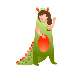 Cute girl in red green color dinosaur costume