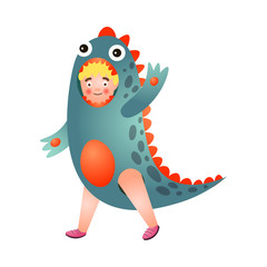 Blonde hair young boy in red blue color dinosaur costume