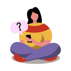 Young woman stay at room floor receive question sms