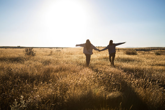 Female friends walking in meadow
