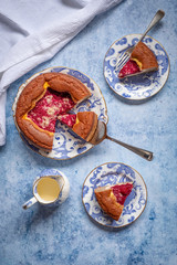 flat lay, top down view of keto raspberry cream cake