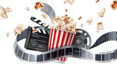 Vector movie cinema poster flying popcorn tape - obrazy, fototapety, plakaty