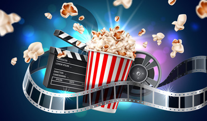 Vector movie cinema poster flying popcorn tape