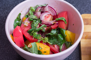 Vegetable Salad. Homemade vegetable salad. Top view.