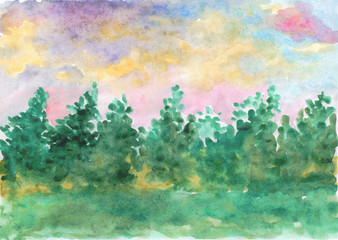 Fototapeta na wymiar abstract watercolor background: forest belt, landscape green trees and blue bright sky