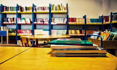 Stack of books in a library