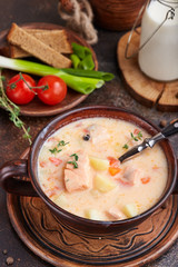  Soup with salmon fish, cream, potato and tomato