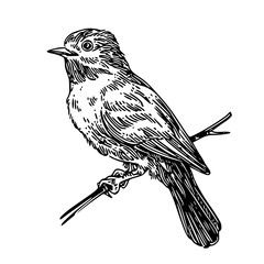 Little bird on branch. Sketch. Engraving style. Vector illustration.
