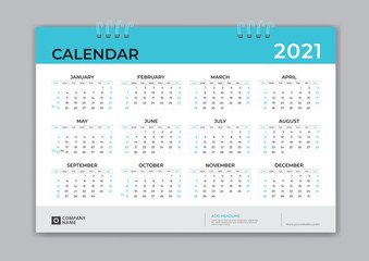 Calendar 2021 template layout, 12 months Desk calendar 2021, Blue background, business brochure flyer, print media, advertisement, Simple design template, vector illustration