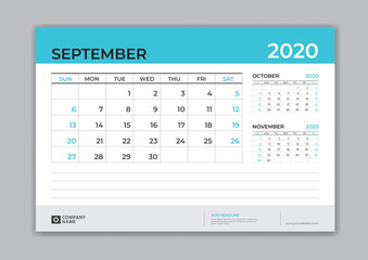 September 2020 template, Desk Calendar for 2020 year, week start on sunday, planner design, stationery, business printing, vector eps10