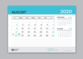 AUGUST 2020 template, Desk Calendar for 2020 year, week start on sunday, planner design, stationery, business printing, vector eps10