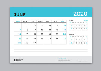 JUNE 2020 template, Desk Calendar for 2020 year, week start on sunday, planner design, stationery, business printing, vector eps10