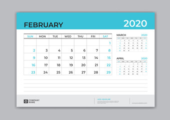 FEBRUARY 2020 template, Desk Calendar for 2020 year, week start on sunday, planner design, stationery, business printing, vector eps10