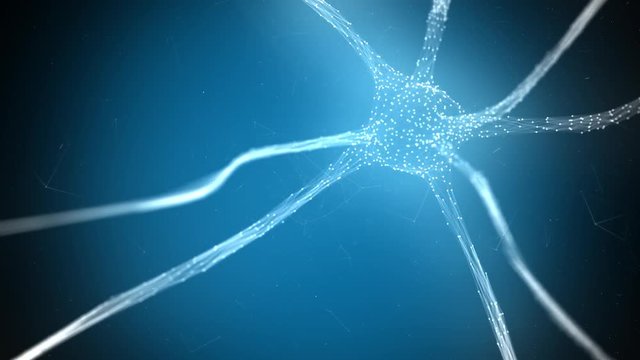 Abstract 3d brain neuron cell motion on blue artistic artificial intelligence copy space background.