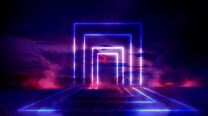 Empty street scene background with abstract spotlights light. Night view of street light reflected on water. Rays through the fog. Smoke, fog, wet asphalt with reflection of lights.