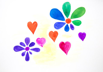 Abstract Flowers and hearts on a white background. Watercolor painting.