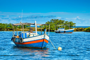 Fishing boat mooring at the Porto Seguro coast, Brazil.
