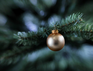Traditional golden color single Christmas ball ornament hanging on artificial tree