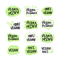 Vegan logos and icons, labels, tags. Hand drawn healthy food badges, set of vegan, healthy food signs set