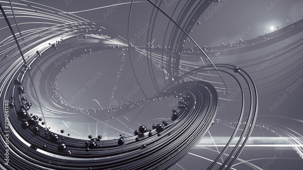 Poster abstract 3d rendering silver jewelry with shiny shapes beads surrounded by light mist.