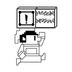 Videogame elf character pixelated isolated in black and white