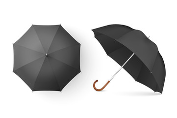 Vector 3d Realistic Render Black Blank Umbrella Icon Set Closeup Isolated on White Background. Design Template of Opened Parasols for Mock-up, Branding, Advertise etc. Top and Front View