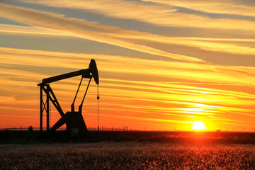 Pump jack in the oil field at sunset