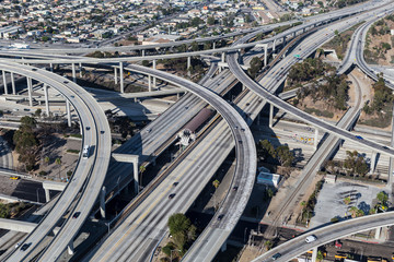 Aerial view of the 110 and 105 freeway interchange ramps near downtown Los Angeles in Southern...