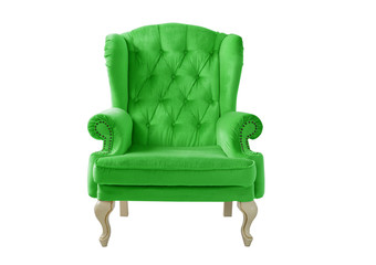 Isolated bright green armchair. Vintage armchair. Insulated furniture. Lime chair. Lime velvet armchair