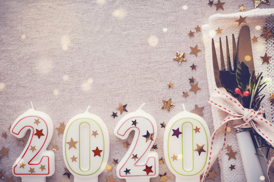 Happy New Year 2020 Table Place Setting, New Year Eve Lunch And Dinner Menu Concept