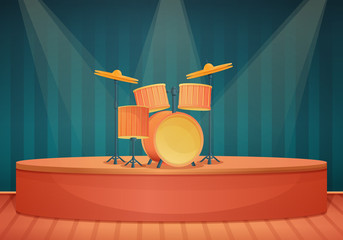 Cartoon scene with drums and spotlights, vector illustration