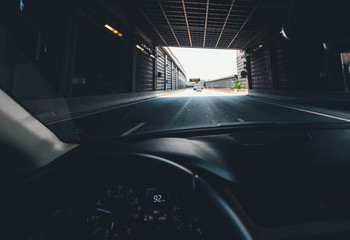 Driver POV personal perspective including the electronic dashboard with 92kmh steering wheel and...