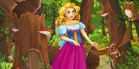 cartoon scene with happy young girl princess in the forest encountering pair of owls flying - illustration for children
