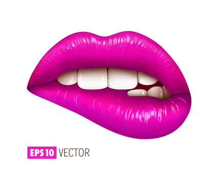 Purple sexy lips isolated on white. Realistic 3d vector illustration.