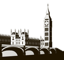 Illustration of Palace of Westminster, Elizabeth Tower and Westminster Bridge.