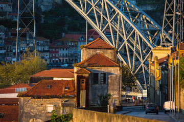 View of Dom Luis I bridge in old Porto, Portugal.