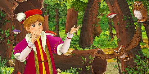 Obraz na płótnie Canvas cartoon scene with happy young boy prince chest in the forest encountering pair of owls flying - illustration for children
