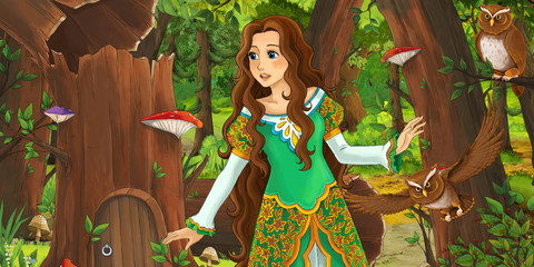 cartoon scene with happy young girl princess in the forest encountering pair of owls flying - illustration for children © honeyflavour