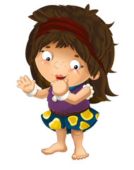 cartoon scene with happy caveman barbarian warrior woman on white background illustration for children
