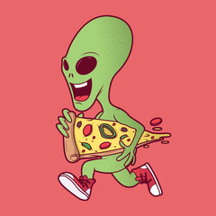Alien running with a pizza vector illustration. Fast food, brand, advertising, logo design concept
