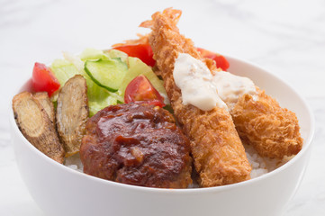 ハンバーグとエビフライ丼