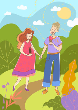 Young couple with pregnant wife walking hand in hand in a park in summer enjoying ice creams as they await the birth of their unborn baby, colored cartoon vector illustration
