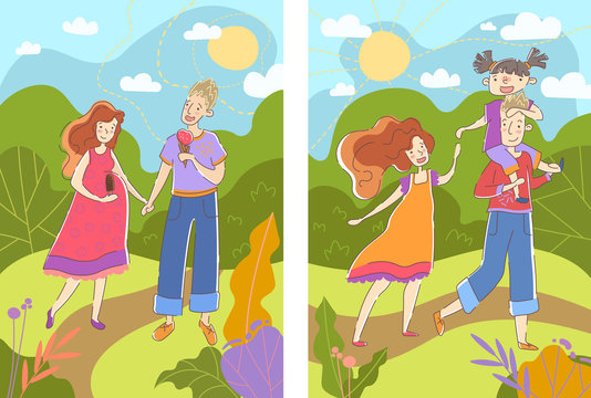 Before and after images of a pregnant woman showing her walking in a summer park with her husband with a swollen baby bump followed by them with their baby daughter giving her a piggyback ride. Vector