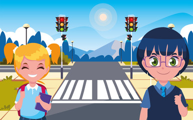 school girl and boy with bag in the city street