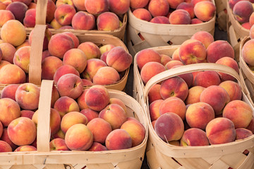 Local peaches at a Farmer's Market in baskets freshly picked ready for sale.