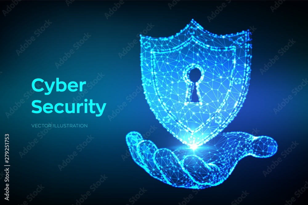 Wall mural security shield. cyber security. shield with keyhole icon in hand. protect and security of safe conc